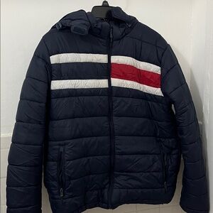 Preowned Navy Puffer Jacket with Red and White Accents